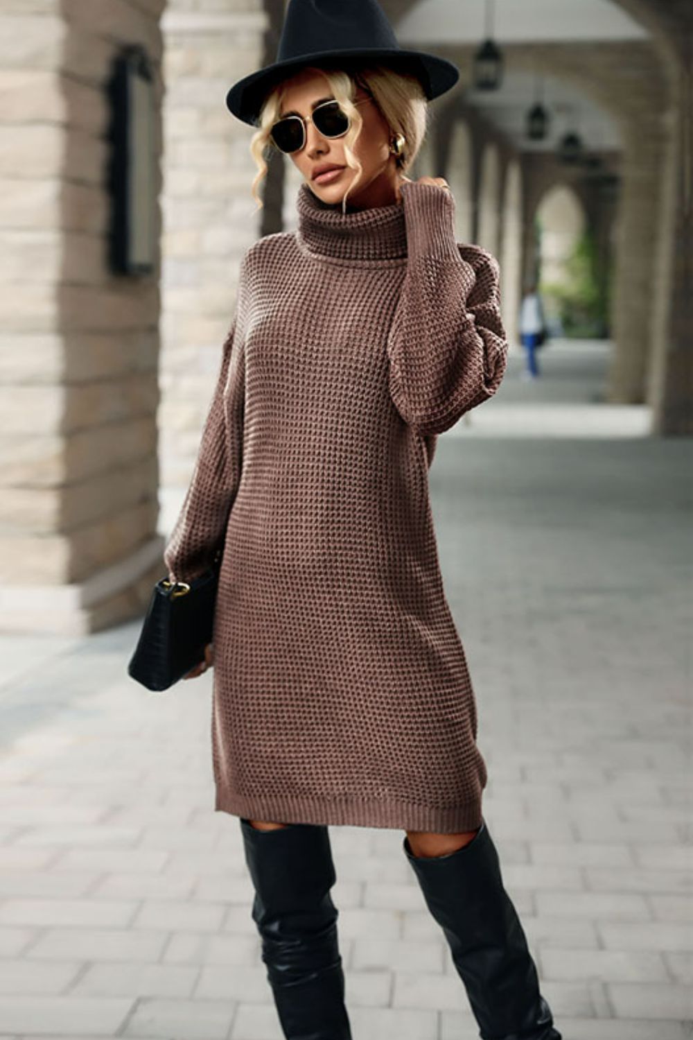 Turtleneck Dropped Shoulder Mini Sweater Dress - Siennasass