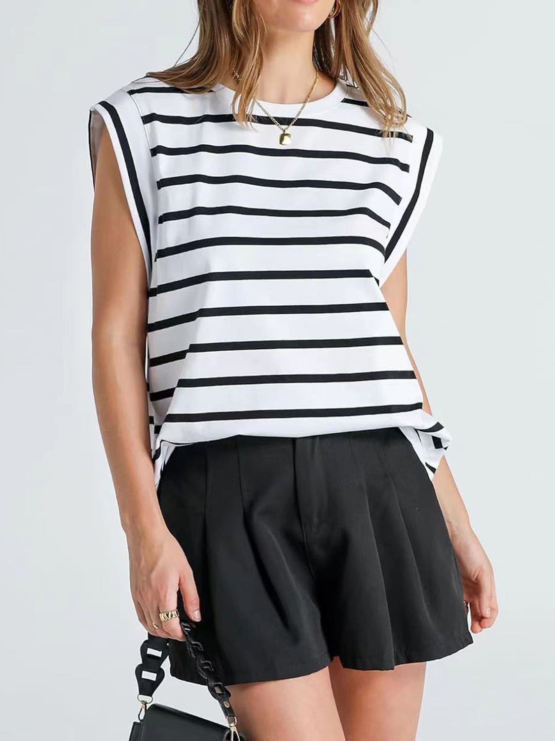 Striped Round Neck Cap Sleeve T-Shirt - Siennasass