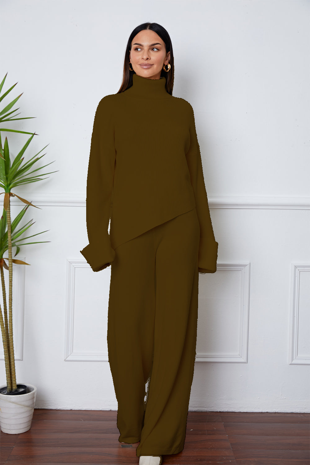 Turtleneck Dropped Shoulder Top and Pants Sweater Set - Siennasass