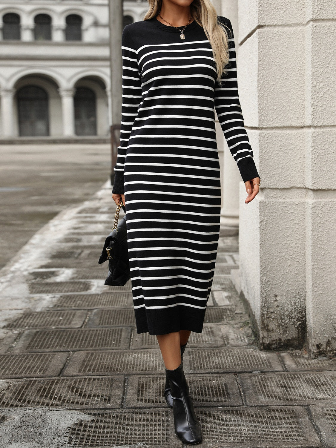 Striped Round Neck Long Sleeve Dress - Siennasass