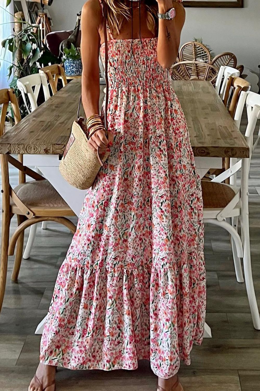 Smocked Floral Spaghetti Strap Dress - Siennasass