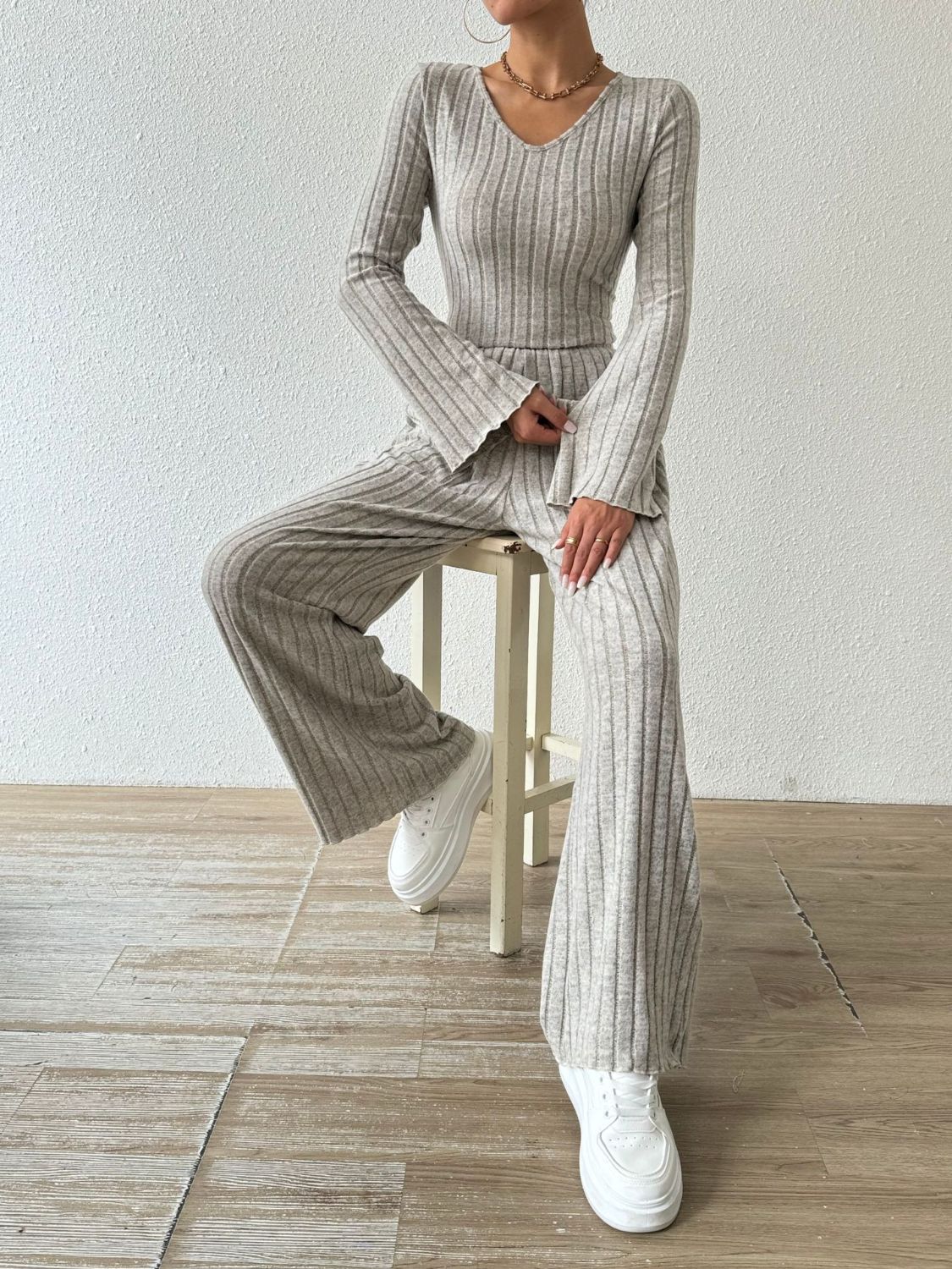 Ribbed V-Neck Long Sleeve Top and Pocketed Pants Set - Siennasass