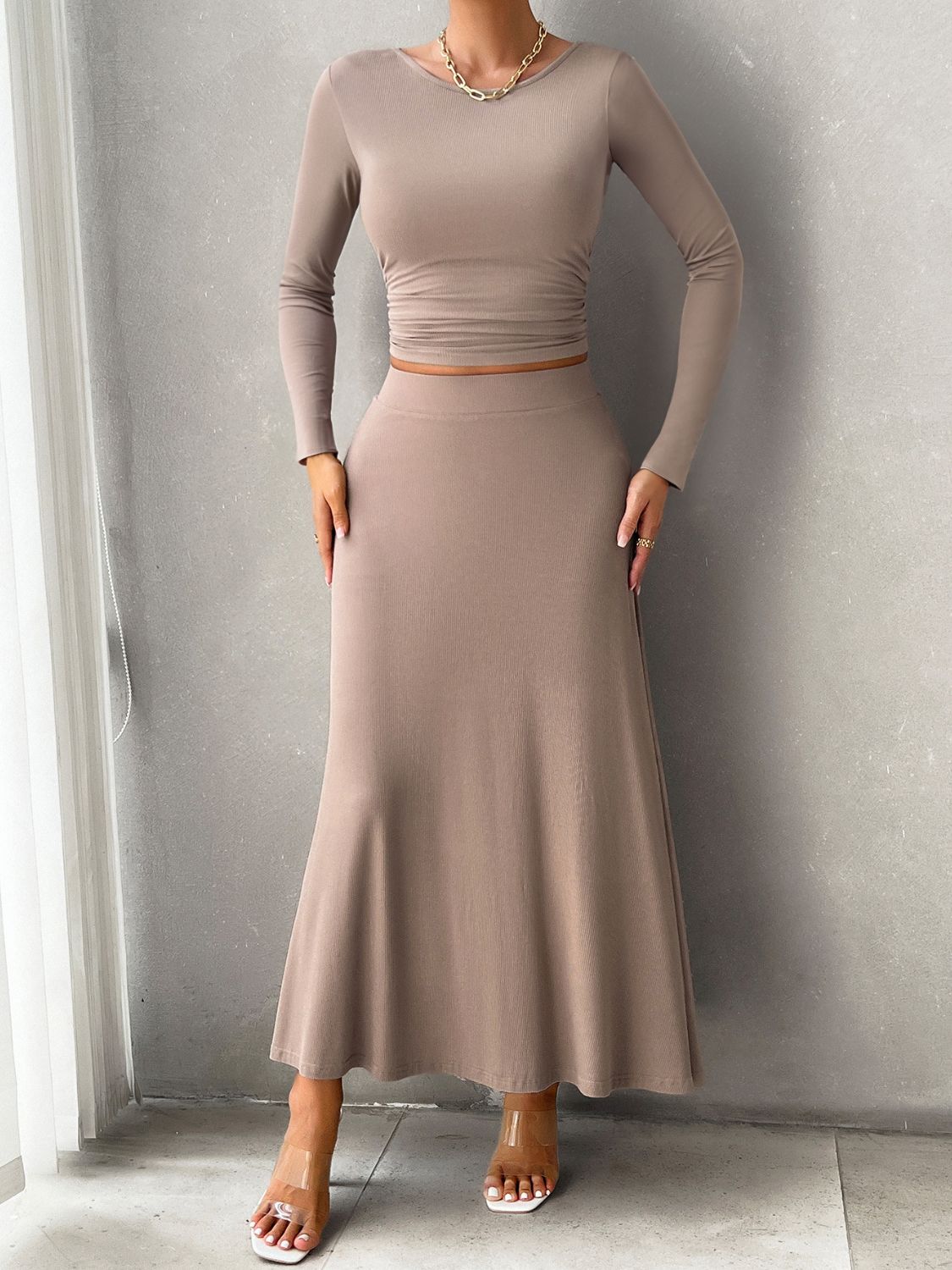 Devine Round Neck Long Sleeve Top and Skirt Set - Siennasass