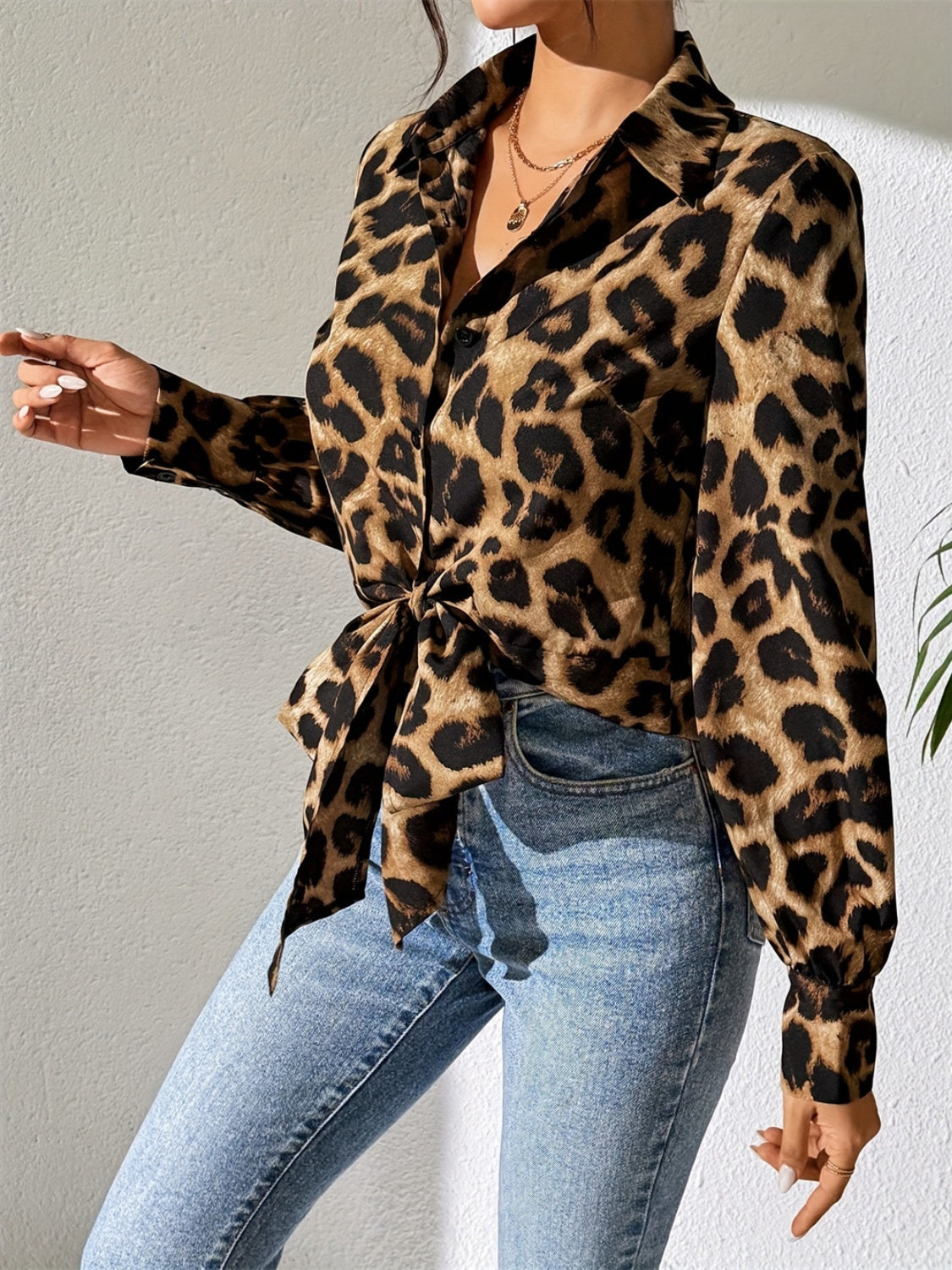 Leopard Collared Neck Long Sleeve Shirt - Siennasass