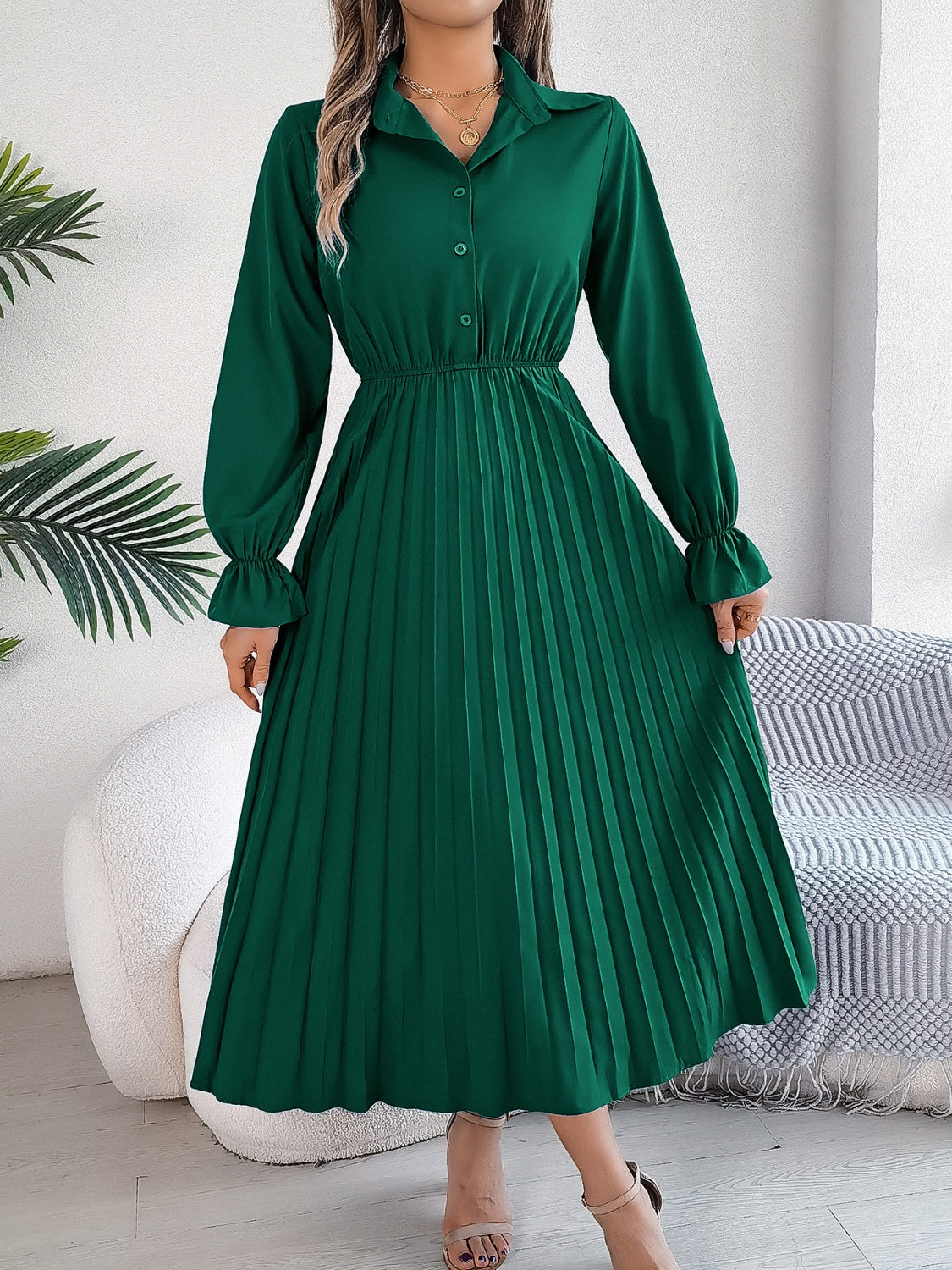 Pleated Half Button Long Sleeve Midi Dress - Siennasass