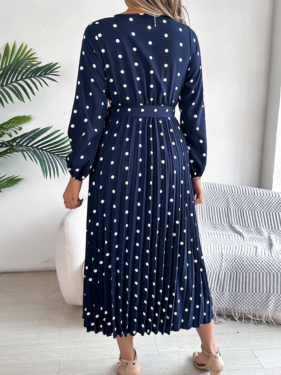 Tied Polka Dot Long Sleeve Midi Dress - Siennasass