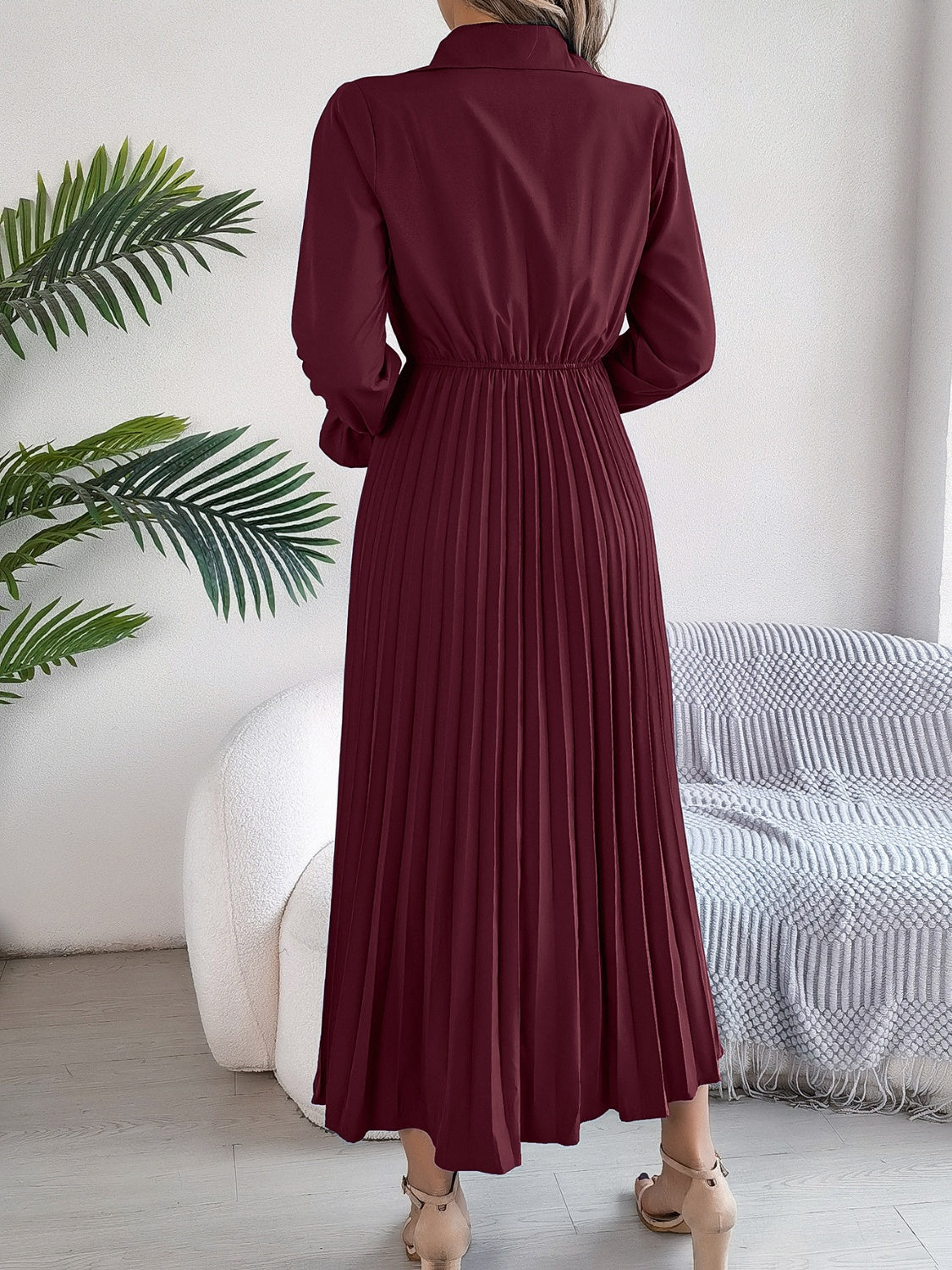 Pleated Half Button Long Sleeve Midi Dress - Siennasass