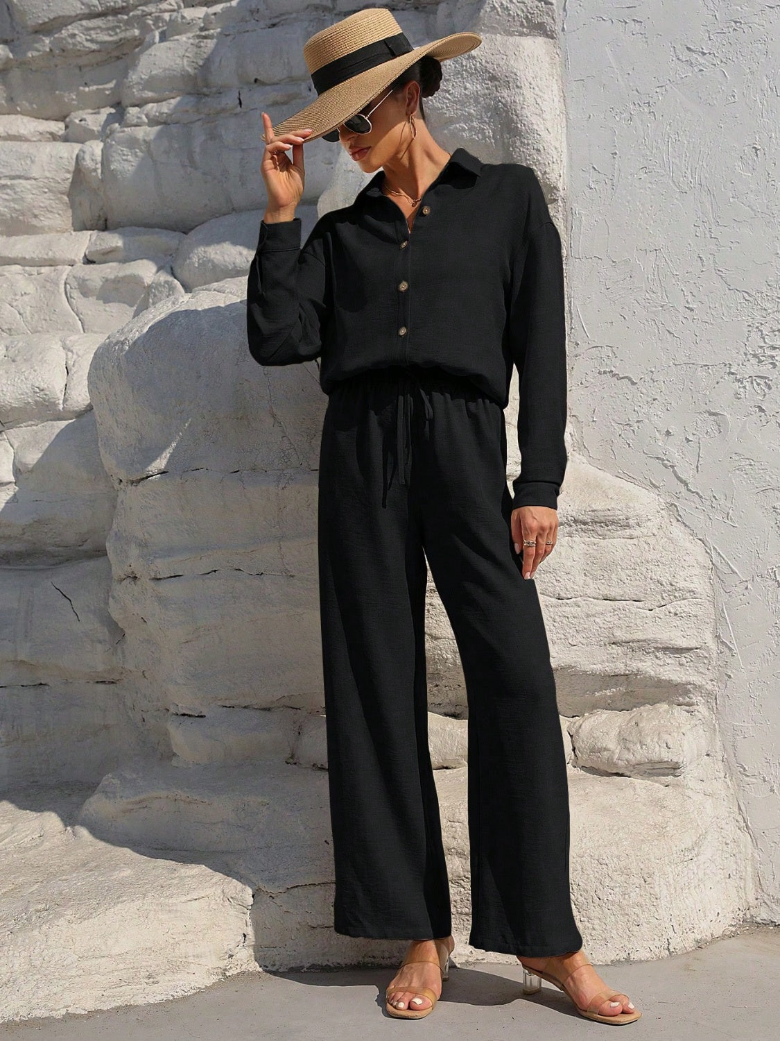 Honey Button Up Long Sleeve Top and Pants Set - Siennasass