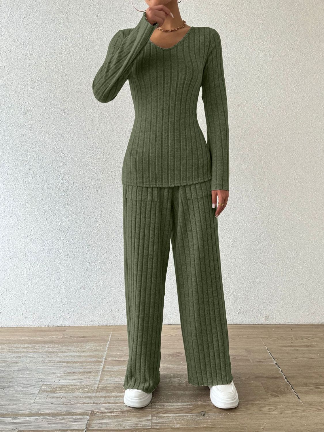 Ribbed V-Neck Long Sleeve Top and Pocketed Pants Set - Siennasass