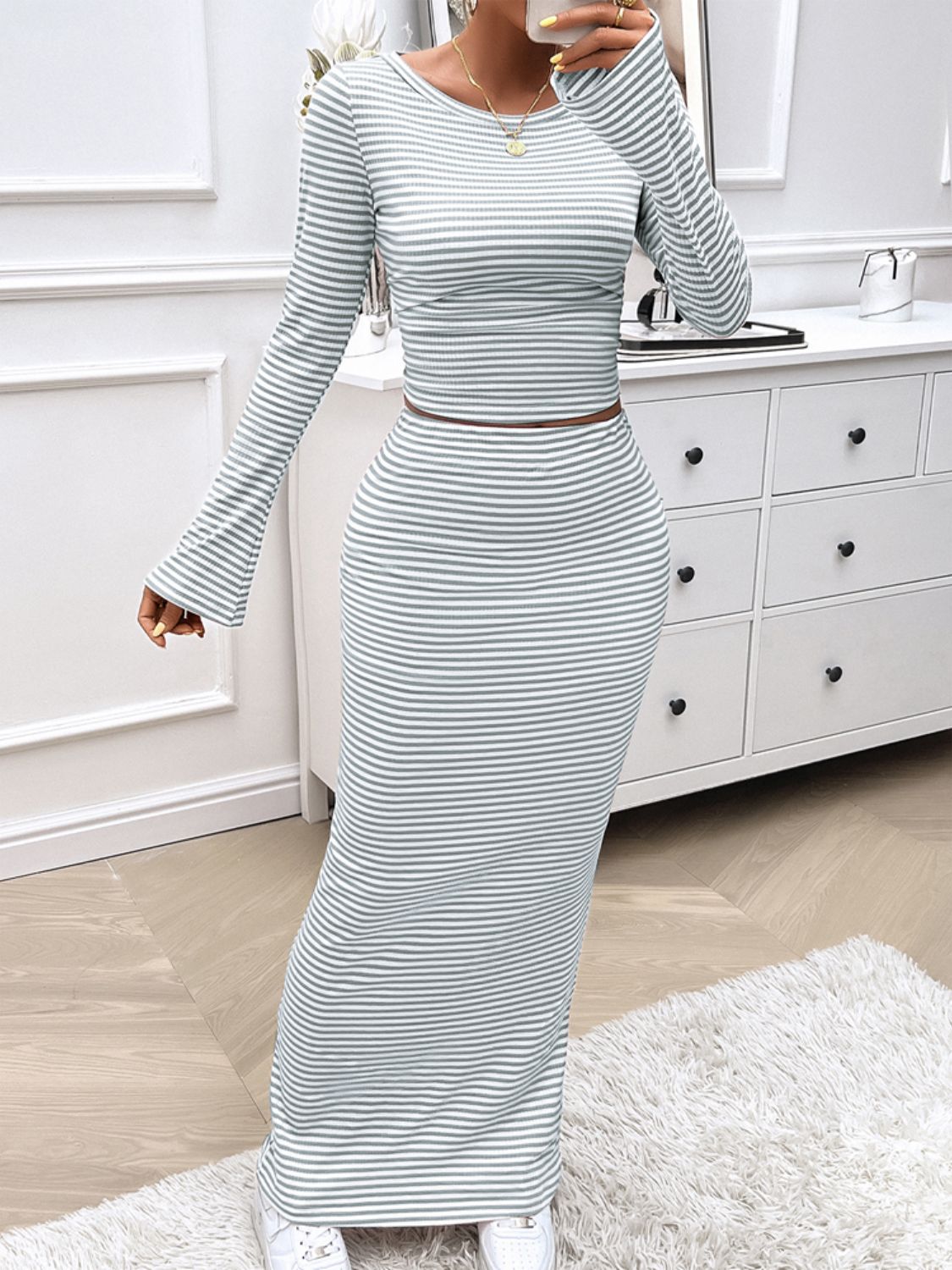 Devine Striped Boat Neck Top and Skirt Set - Siennasass