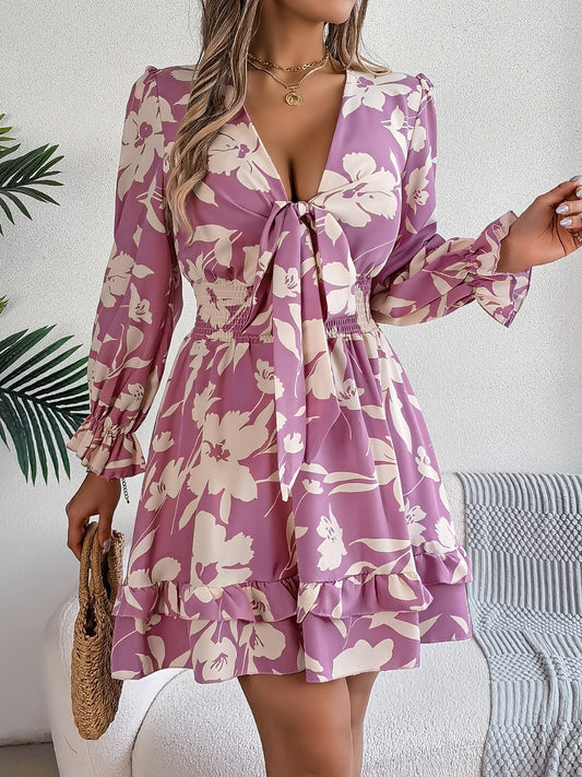 Tied Ruffled Printed Long Sleeve Dress - Siennasass