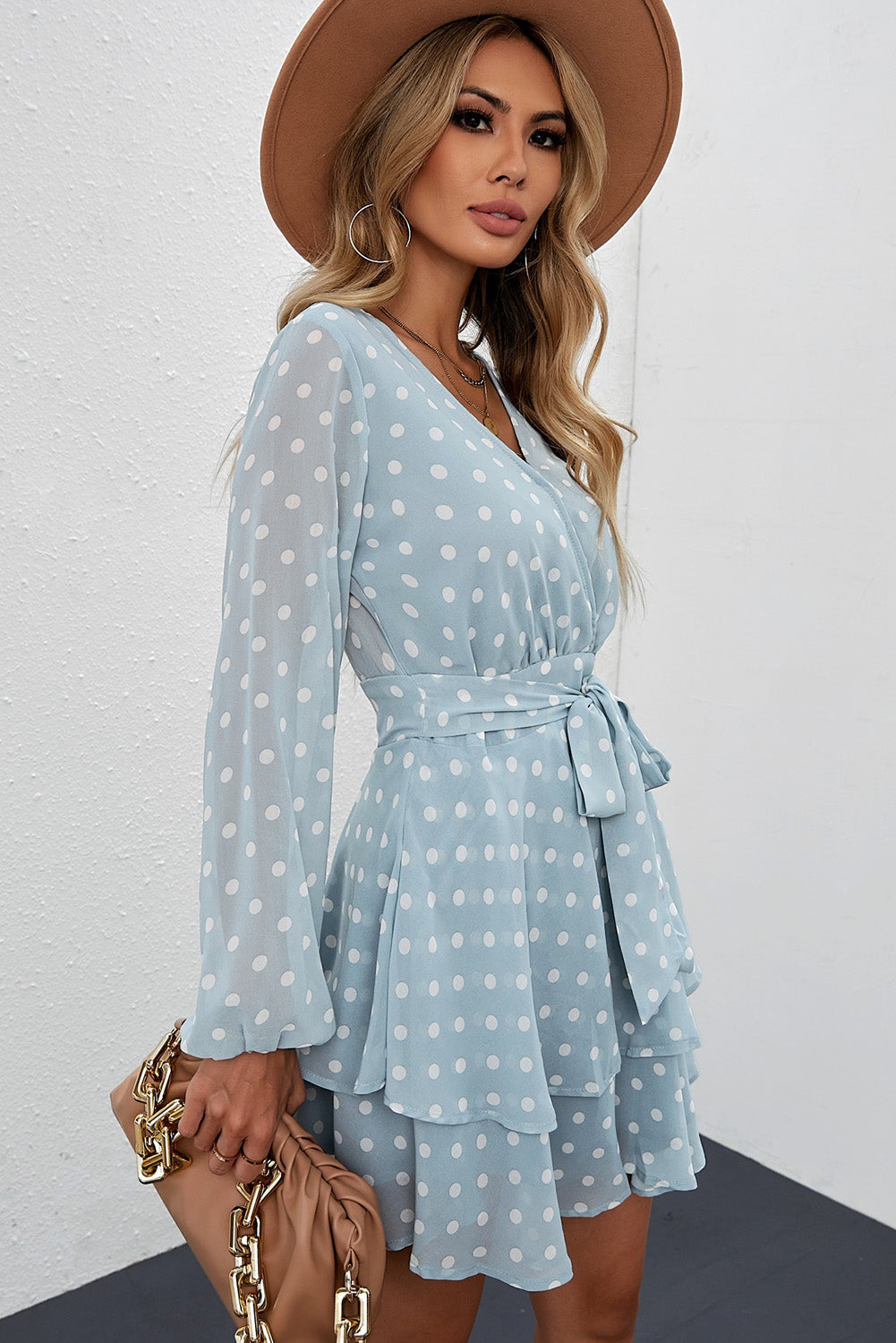 Tied Layered Polka Dot Balloon Sleeve Dress - Siennasass