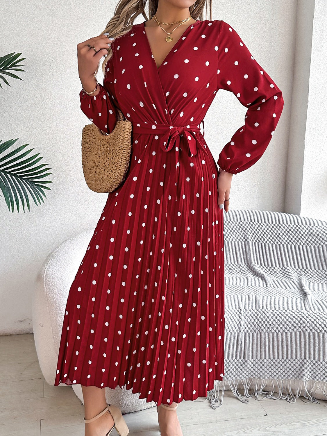 Tied Polka Dot Long Sleeve Midi Dress - Siennasass