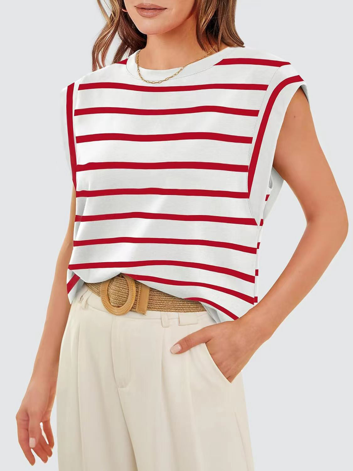 Striped Round Neck Cap Sleeve T-Shirt - Siennasass