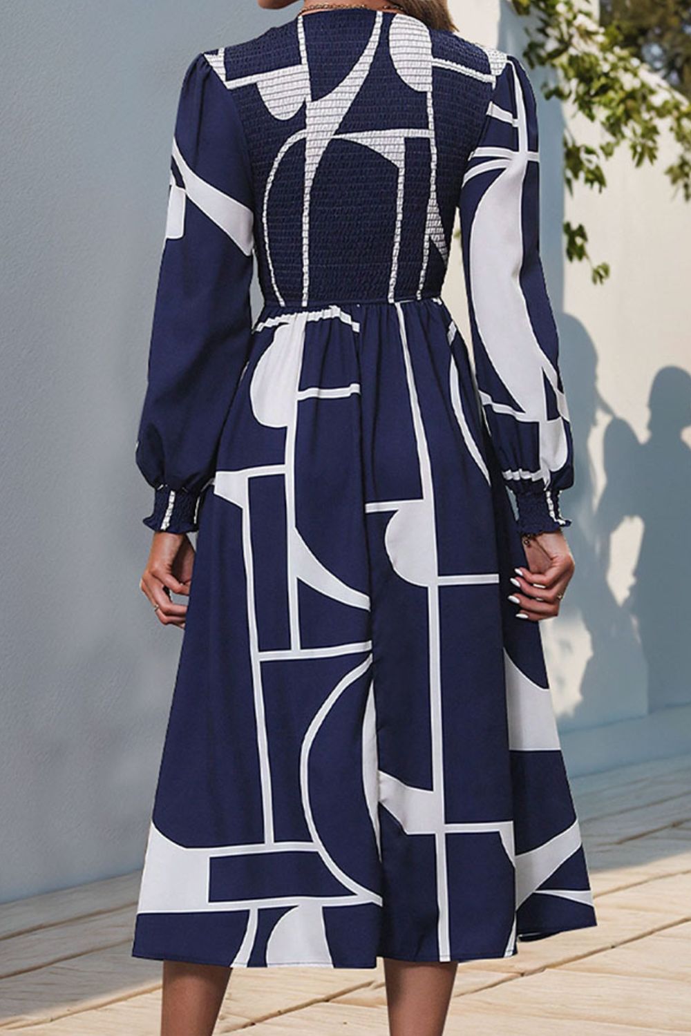 Smocked Color Block Long Sleeve Midi Dress - Siennasass