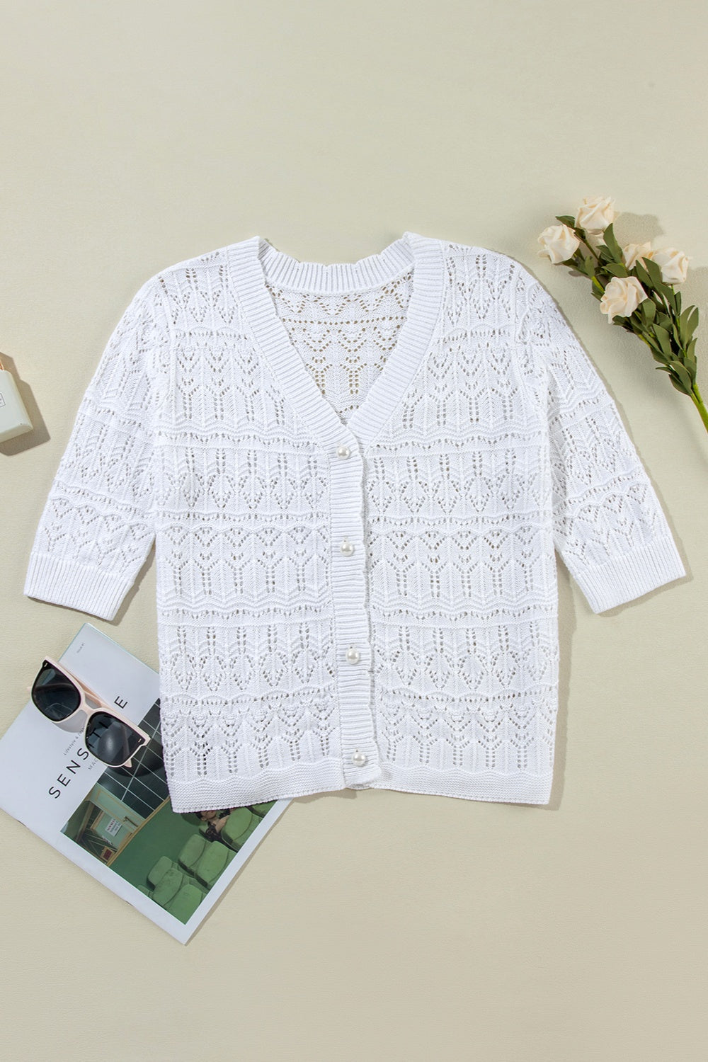 Openwork V-Neck Half Sleeve Cardigan - Siennasass