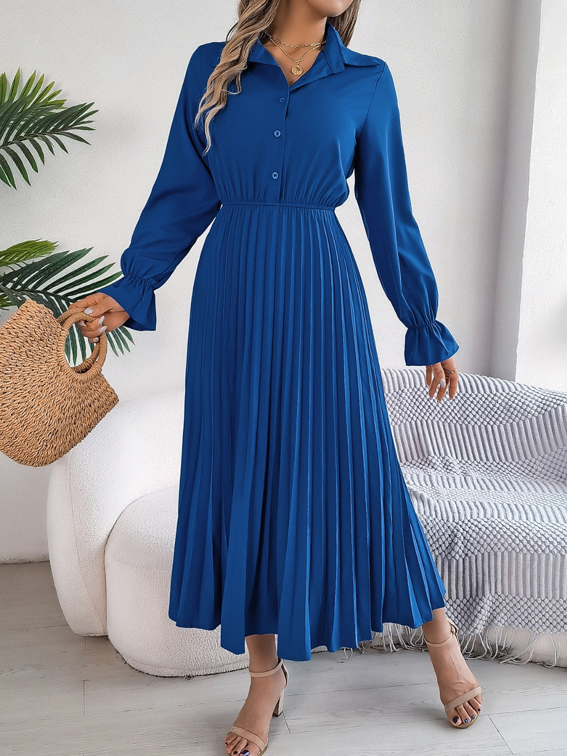 Pleated Half Button Long Sleeve Midi Dress - Siennasass