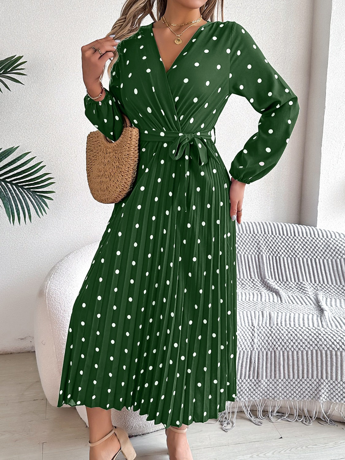 Tied Polka Dot Long Sleeve Midi Dress - Siennasass