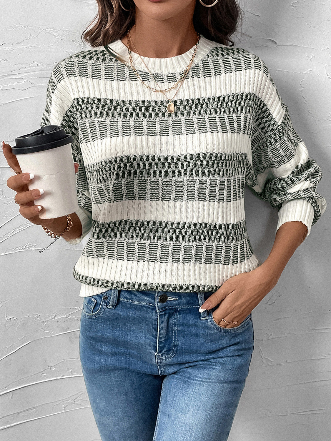 Perfee Contrast Round Neck Long Sleeve Sweater