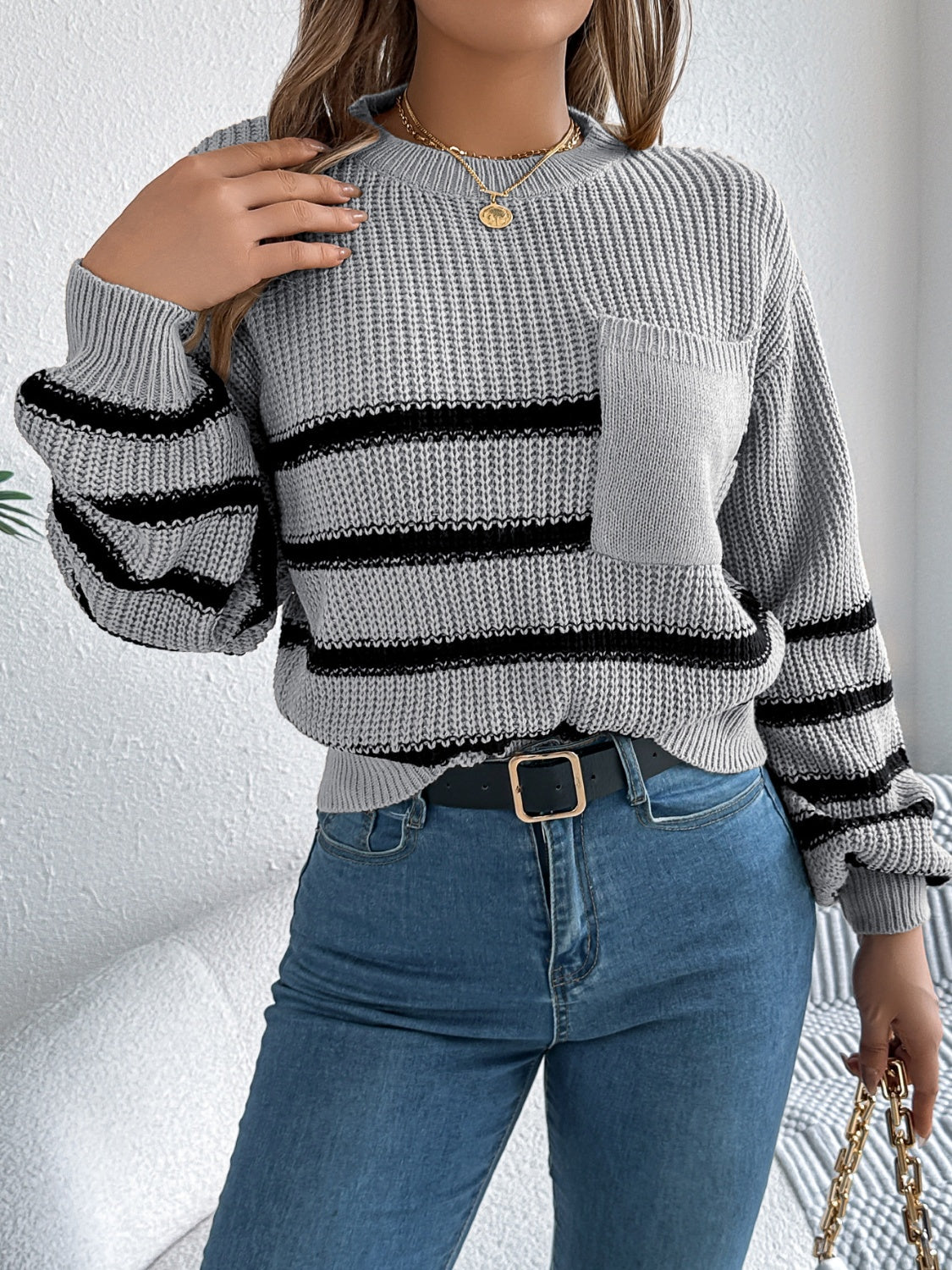 Striped Round Neck Long Sleeve Sweater - Siennasass