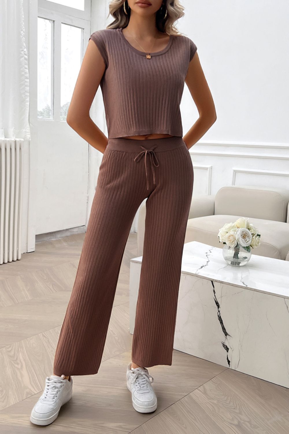 Devine Ribbed Round Neck Top and Pants Set - Siennasass