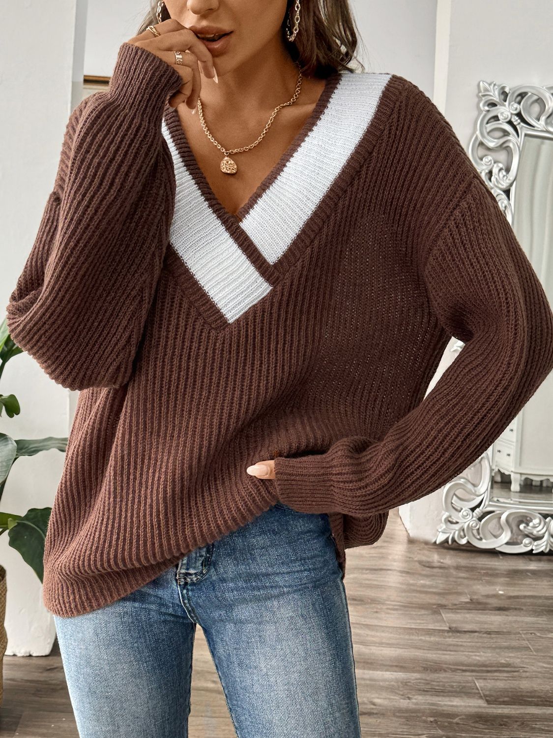 Contrast Dropped Shoulder Long Sleeve Sweater - Siennasass