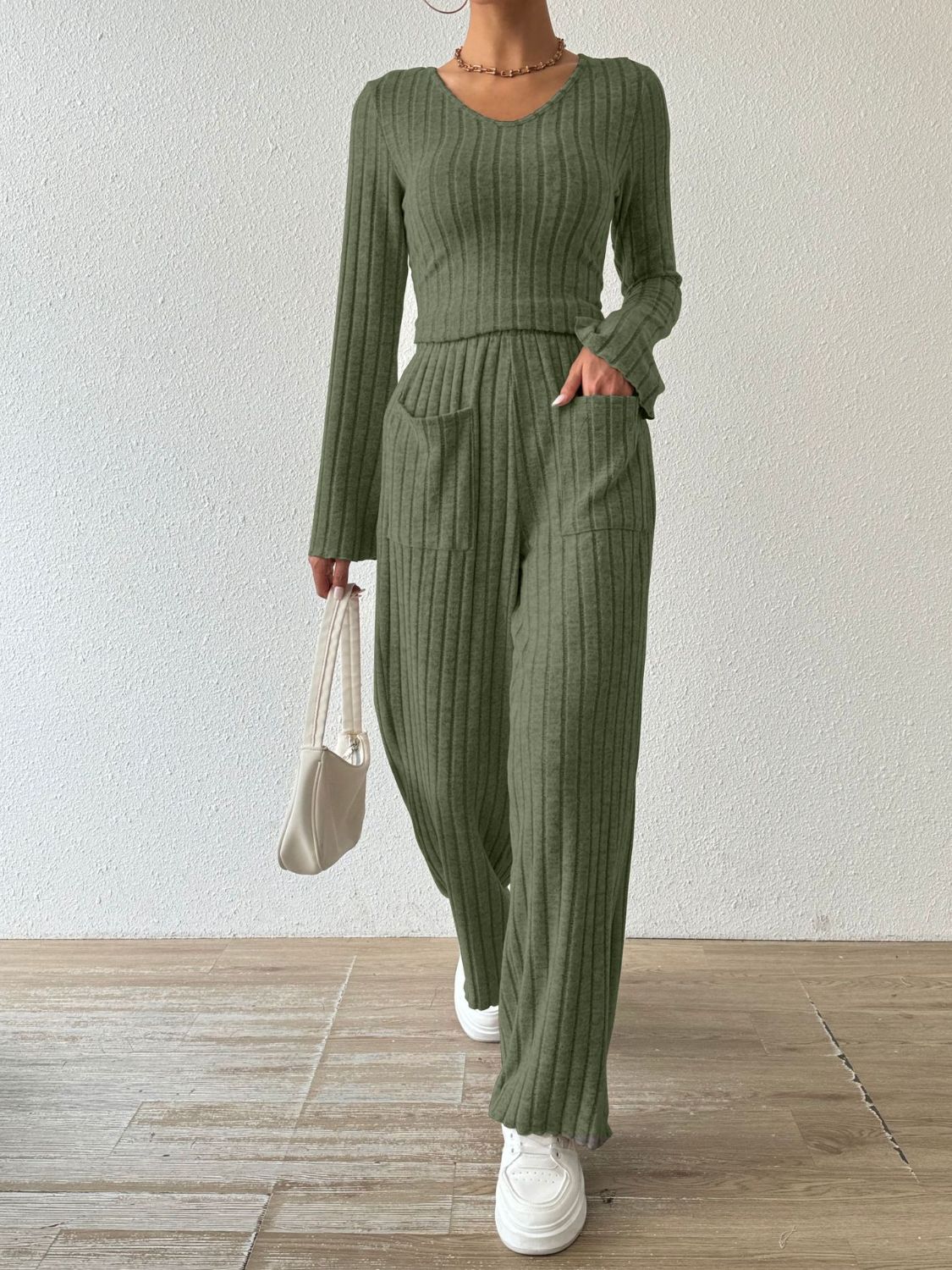 Ribbed V-Neck Long Sleeve Top and Pocketed Pants Set - Siennasass