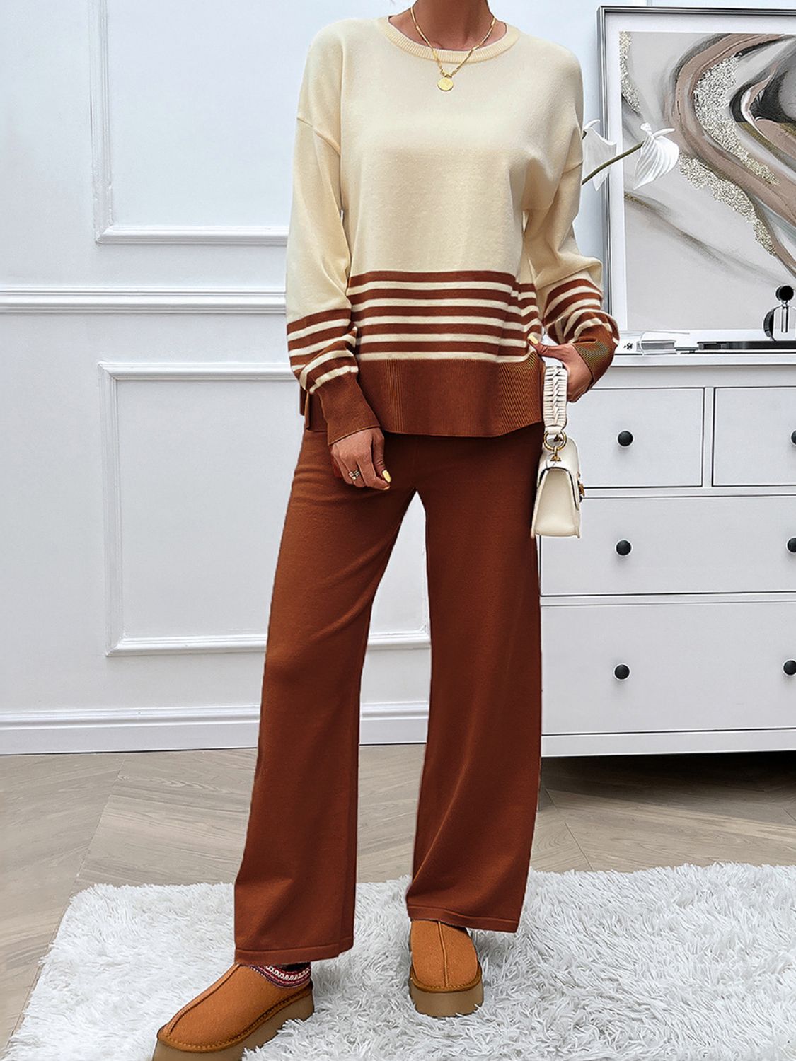 Devine Slit Striped Round Neck Top and Pants Sweater Set - Siennasass