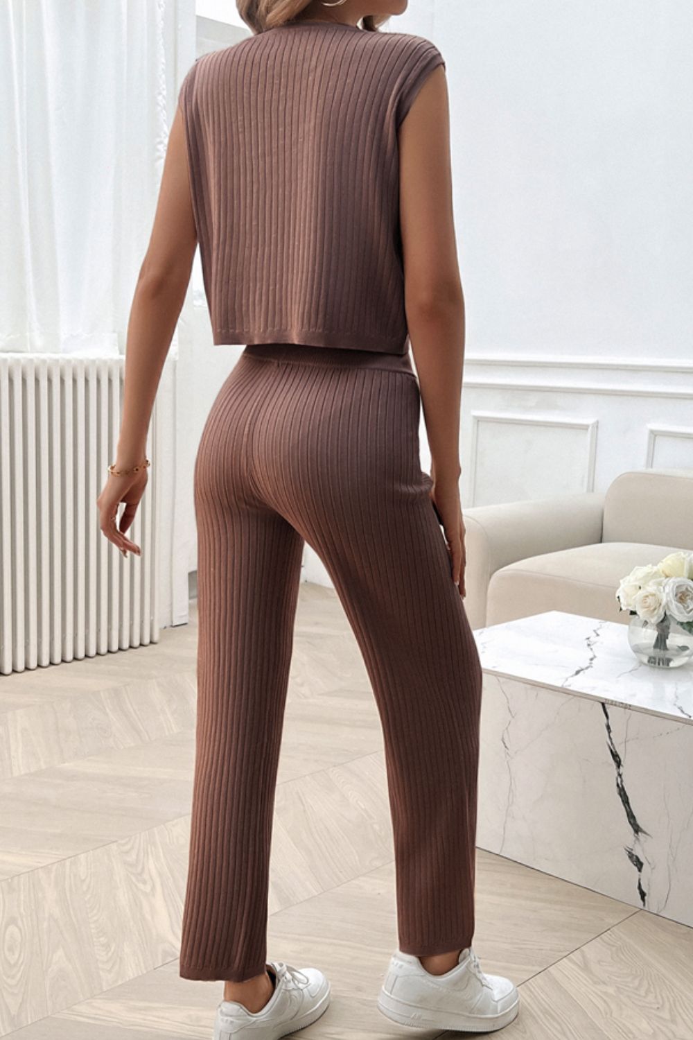 Devine Ribbed Round Neck Top and Pants Set - Siennasass