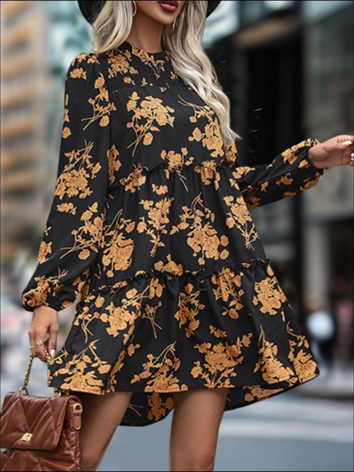 Frill Printed Long Sleeve Mini Dress - Siennasass