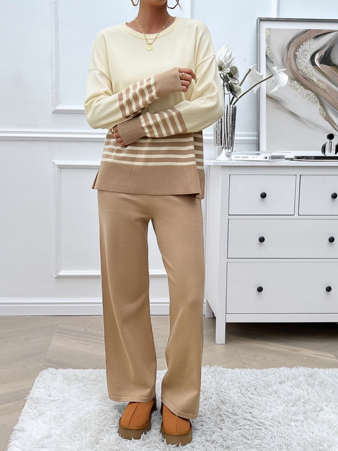 Devine Slit Striped Round Neck Top and Pants Sweater Set - Siennasass