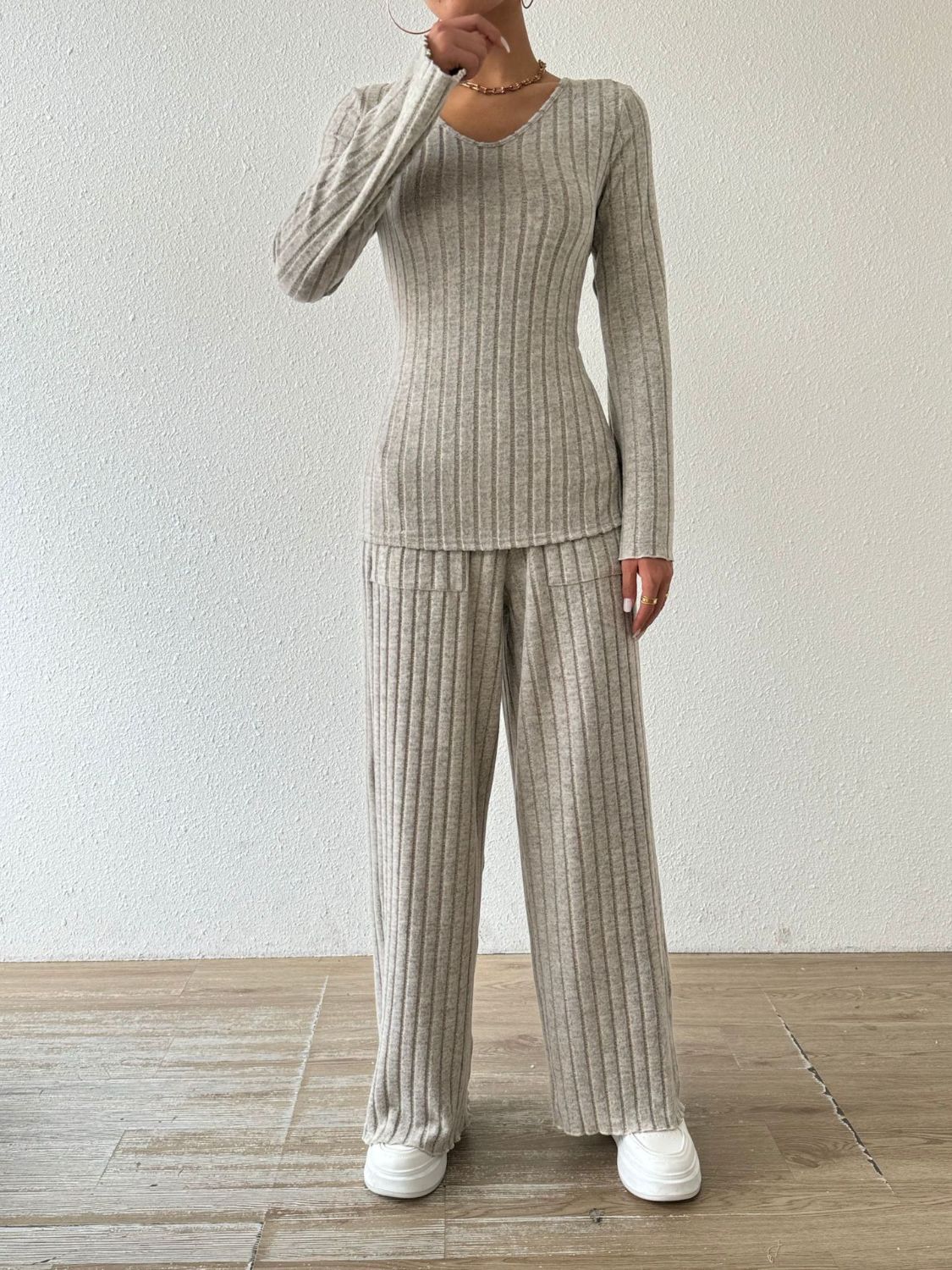 Ribbed V-Neck Long Sleeve Top and Pocketed Pants Set - Siennasass