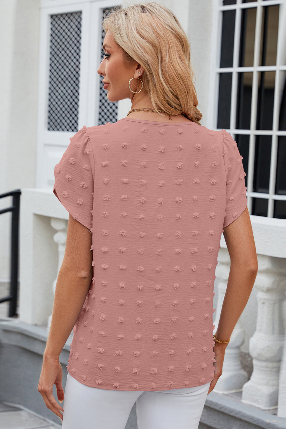 Swiss Dot Round Neck Petal Sleeve Blouse