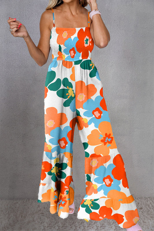 Printed Smocked Spaghetti Strap Jumpsuit - Siennasass