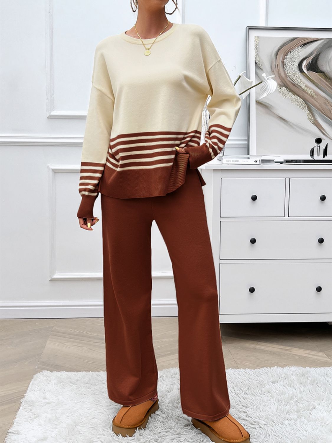 Devine Slit Striped Round Neck Top and Pants Sweater Set - Siennasass