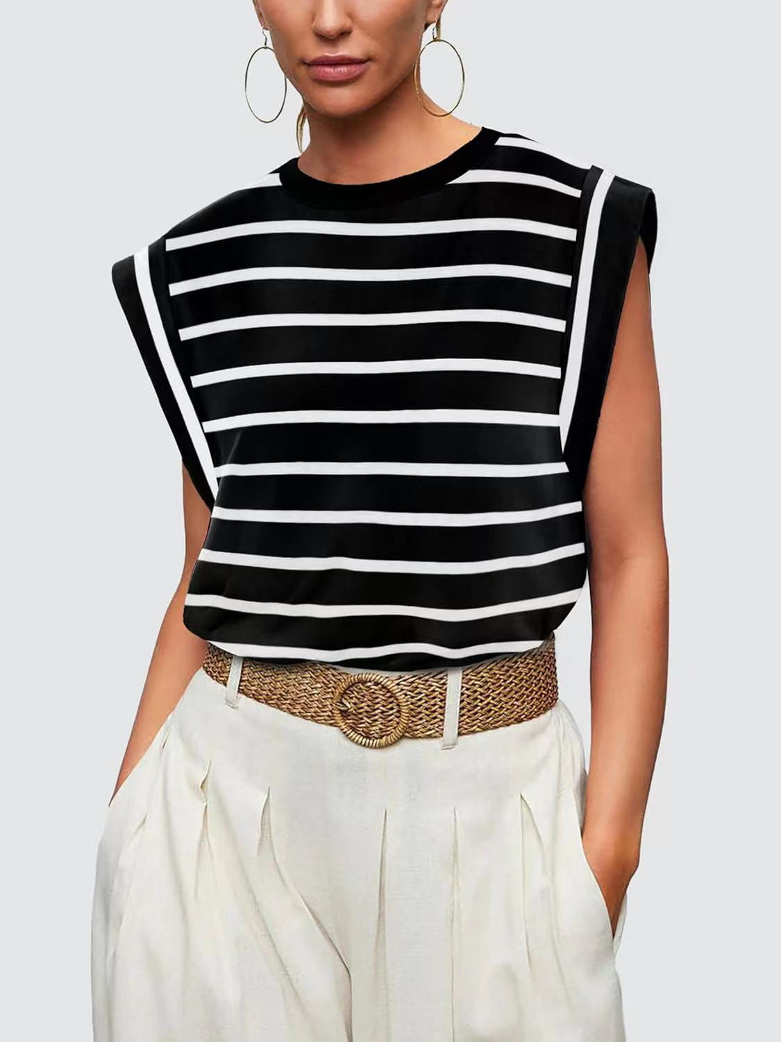 Striped Round Neck Cap Sleeve T-Shirt - Siennasass