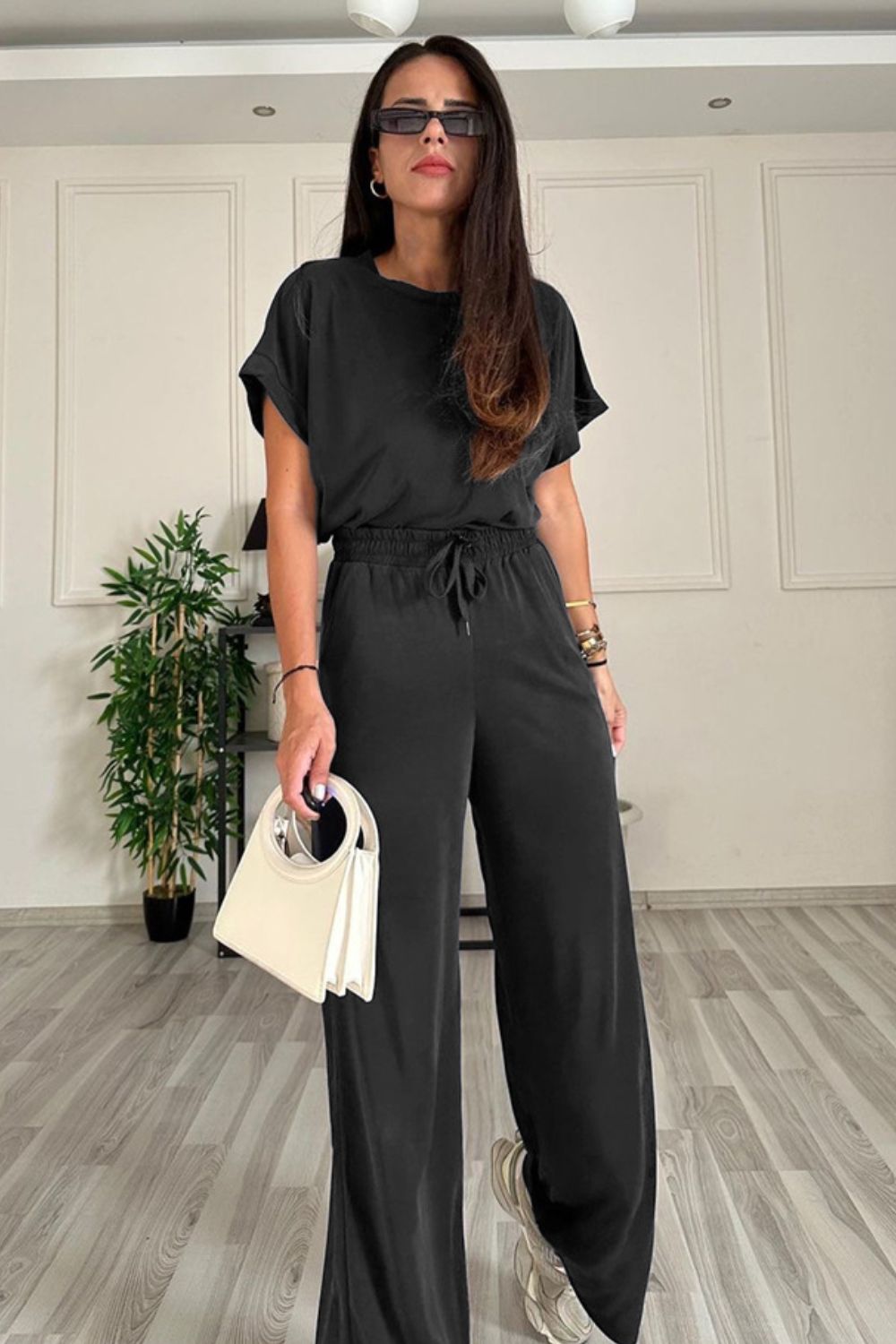 Round Neck Short Sleeve Top and Drawstring Pants Set - Siennasass