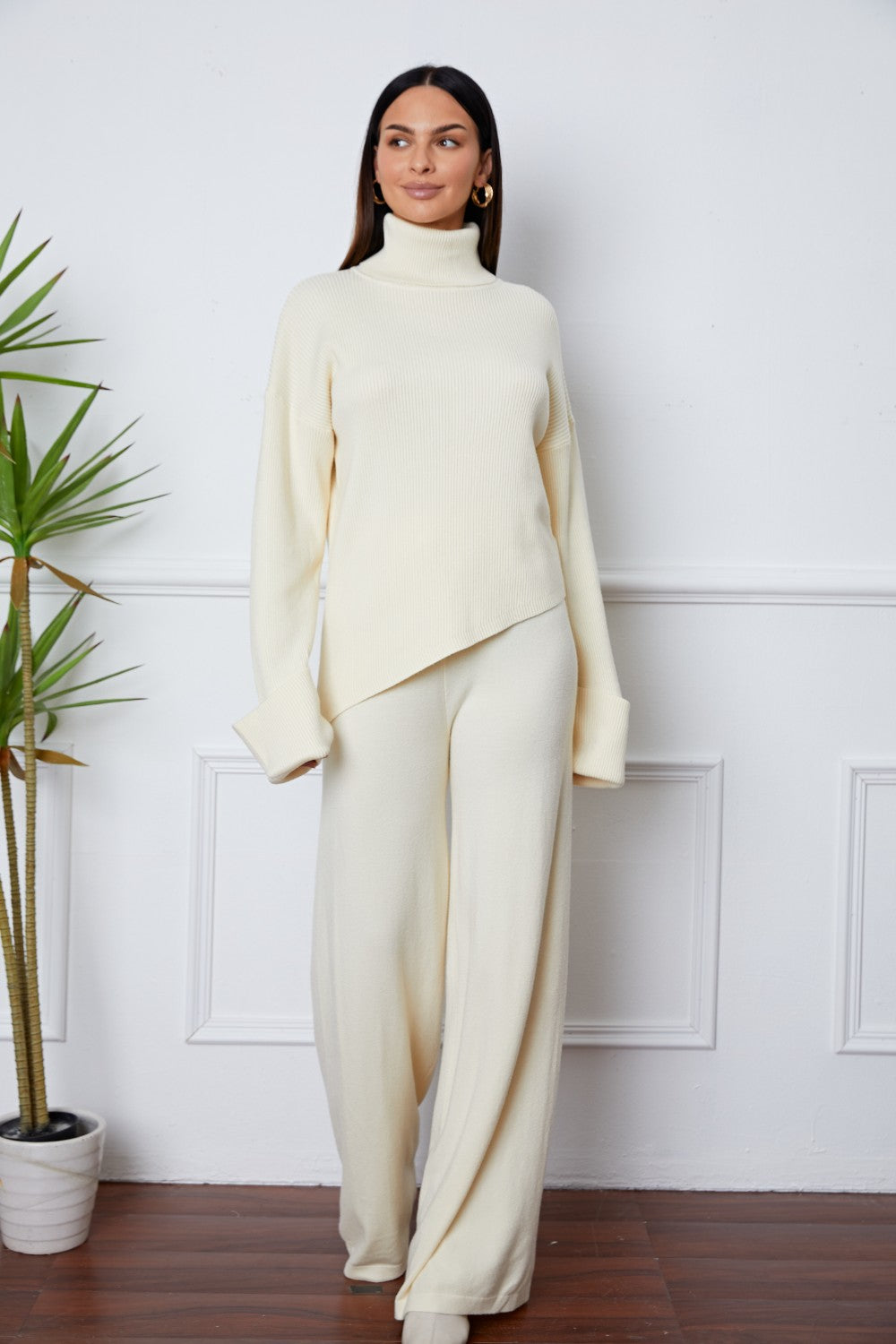 Turtleneck Dropped Shoulder Top and Pants Sweater Set - Siennasass