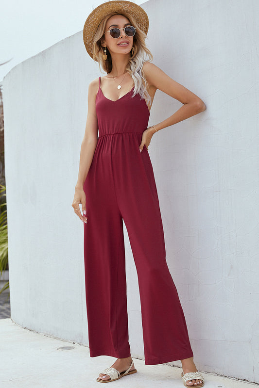 V-Neck Spaghetti Strap Wide Leg Jumpsuit