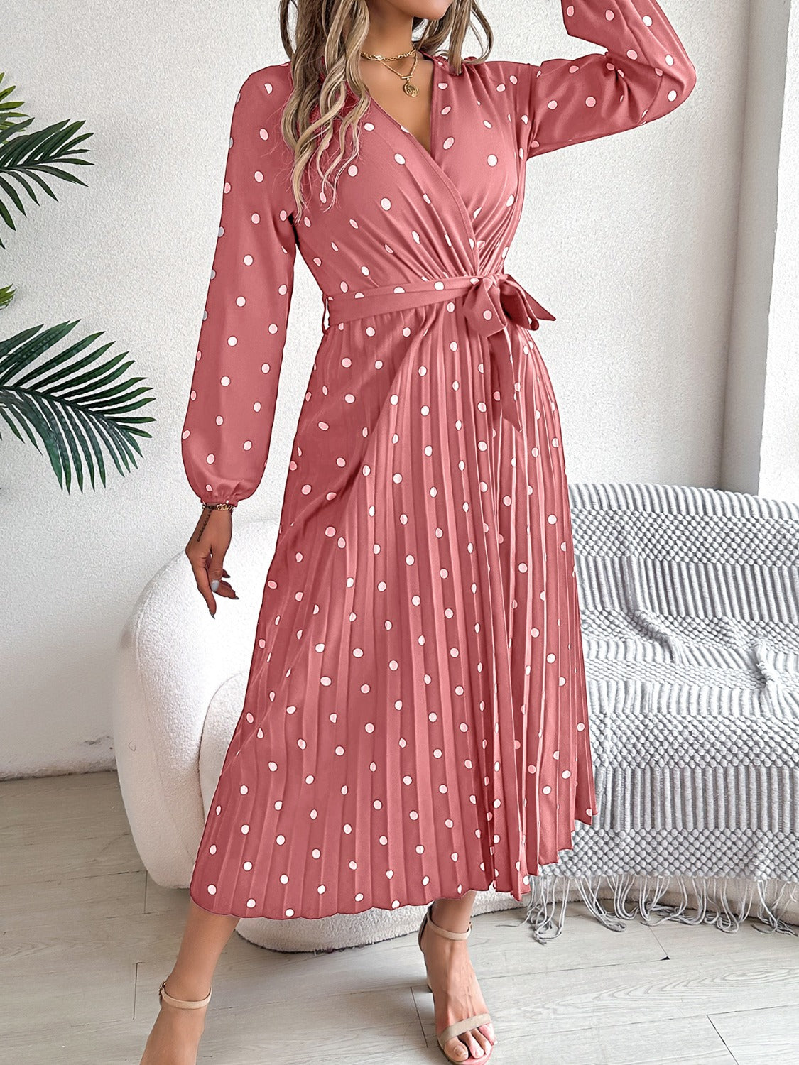 Tied Polka Dot Long Sleeve Midi Dress - Siennasass