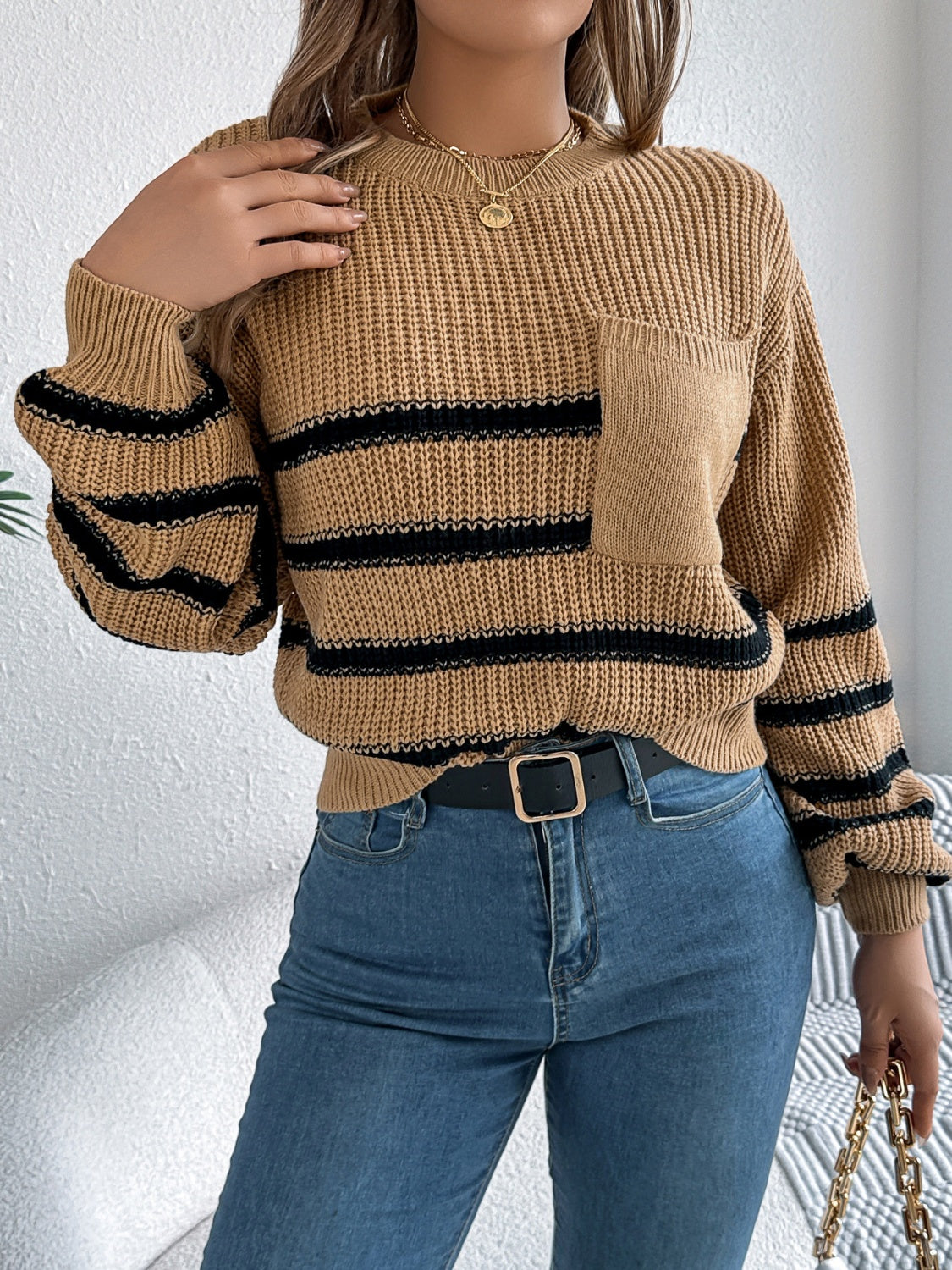 Striped Round Neck Long Sleeve Sweater - Siennasass