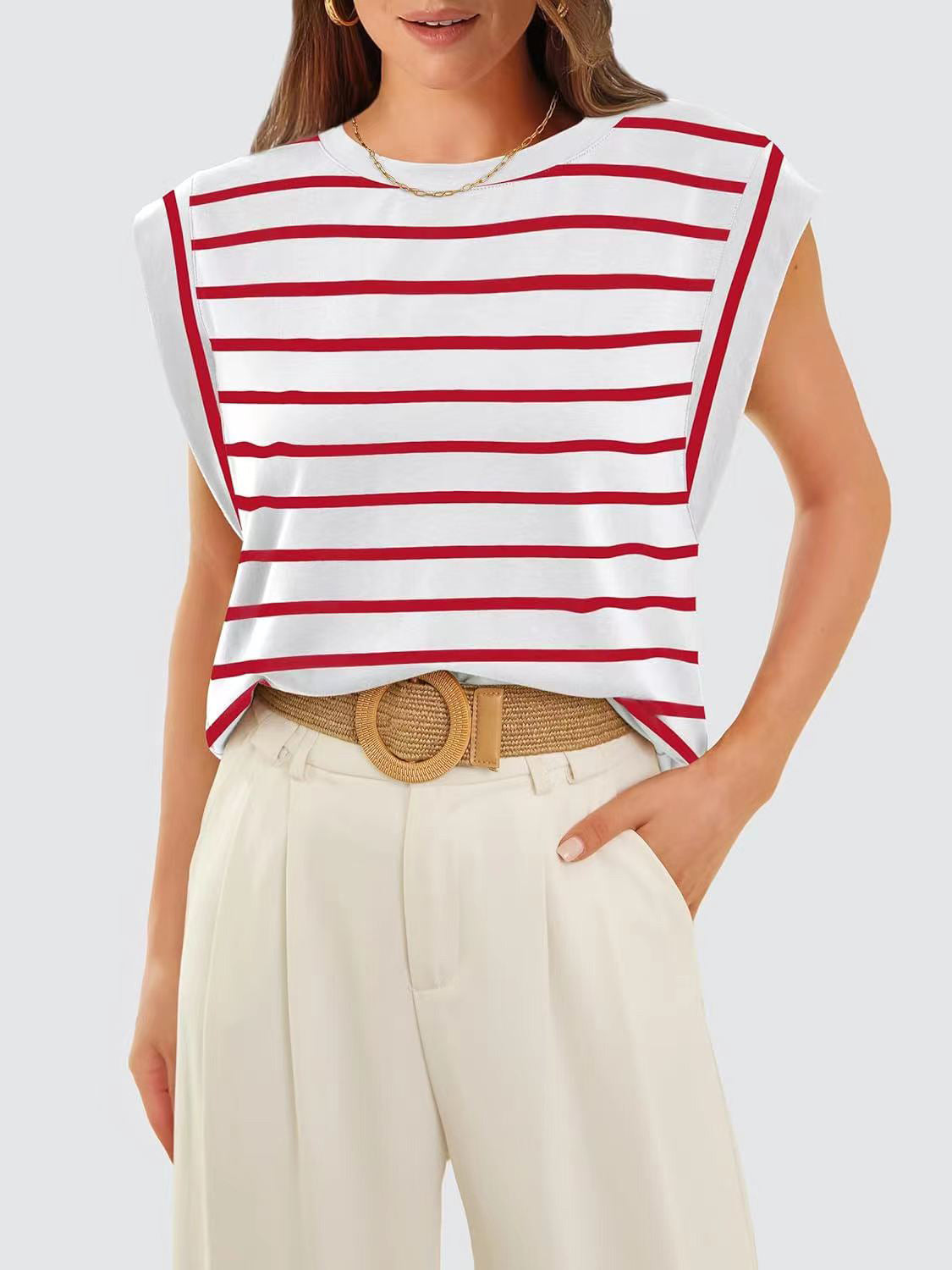 Striped Round Neck Cap Sleeve T-Shirt - Siennasass