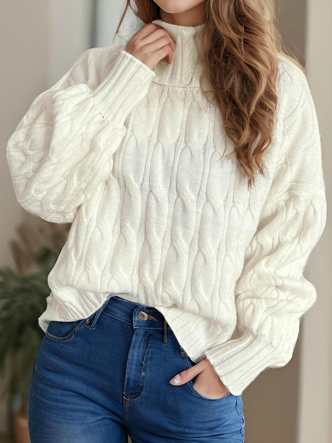 Cable-Knit Turtleneck Long Sleeve Sweater - Siennasass