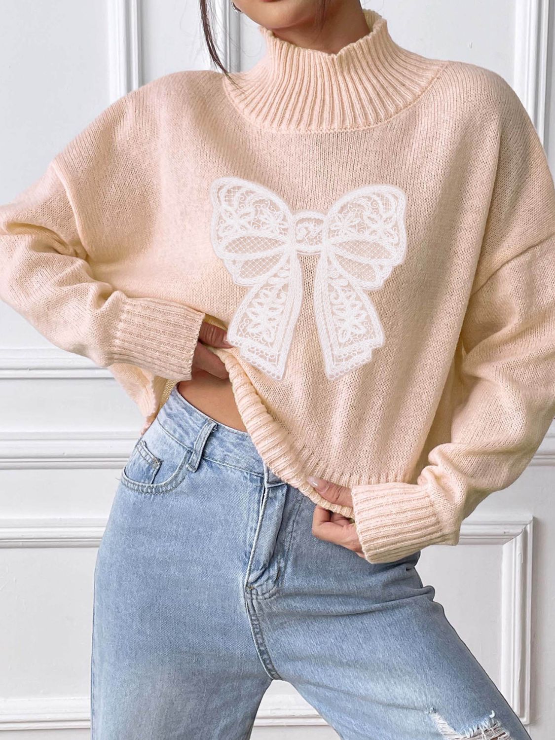 Bow Turtleneck Long Sleeve Sweater - Siennasass