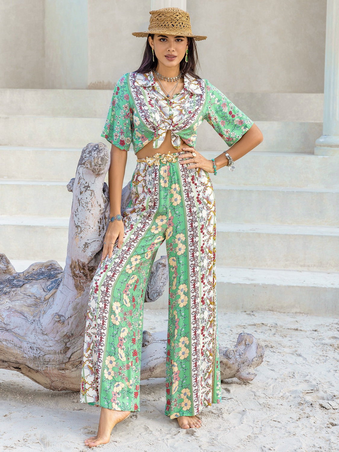 Printed Half Sleeve Top and Wide Leg Pants Set