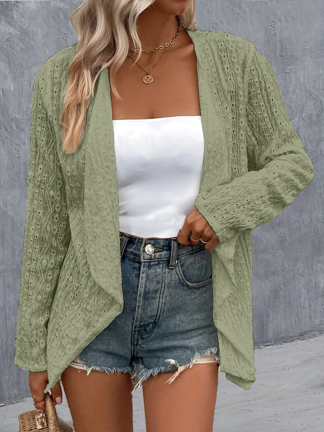 Eyelet Roll-Tab Sleeve Cardigan - Siennasass