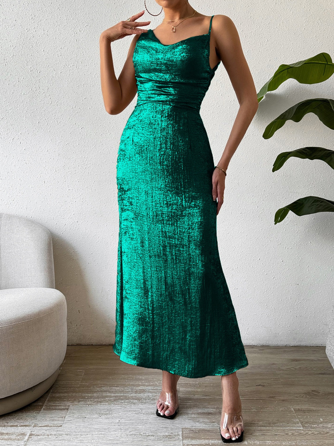 Asymmetric Neck Sleeveless Midi Dress