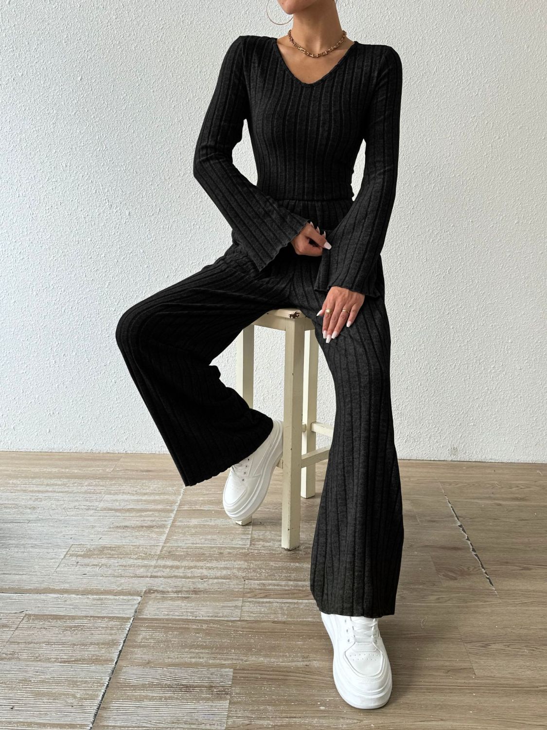 Ribbed V-Neck Long Sleeve Top and Pocketed Pants Set - Siennasass