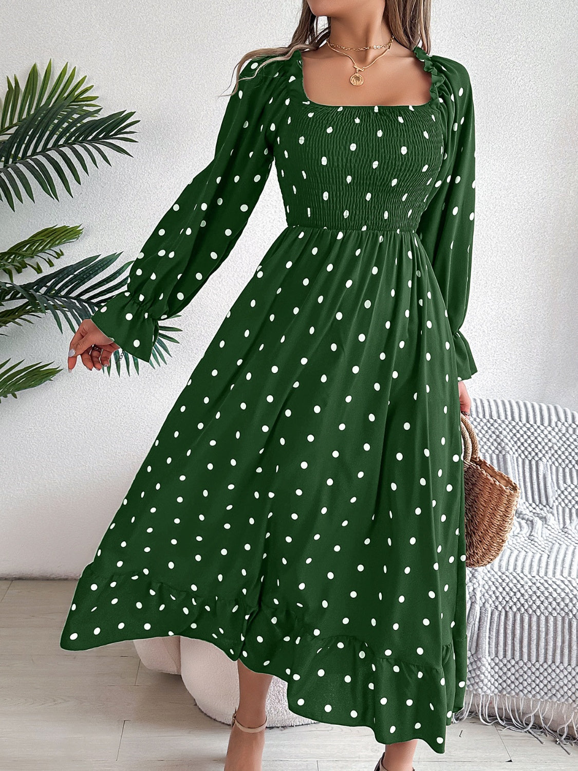 Polka Dot Flounce Sleeve Midi Dress - Siennasass