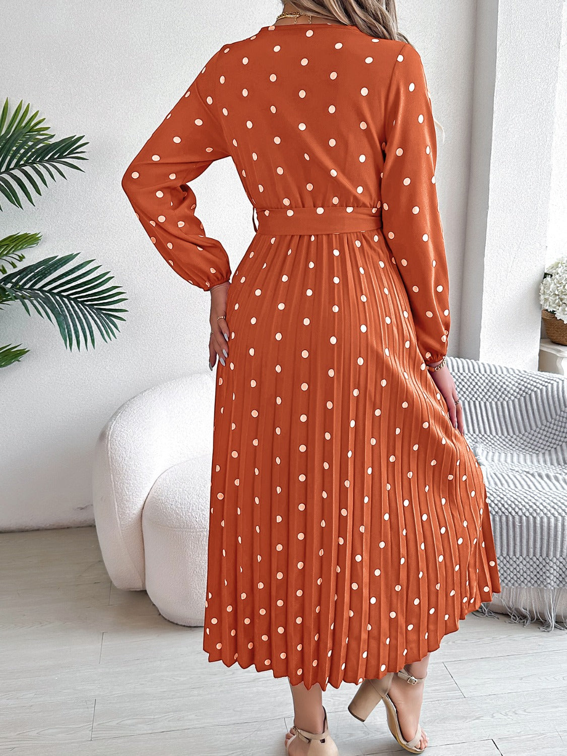 Tied Polka Dot Long Sleeve Midi Dress - Siennasass